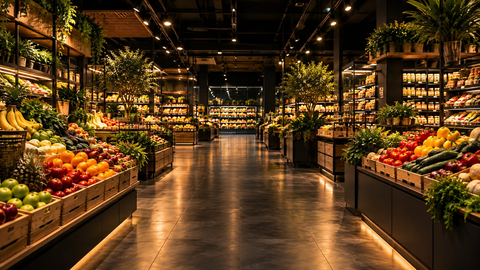 Blick durch einen iKAUF-Markt mit frischem Obst und Gemüse